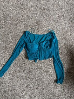 Teal Lace-Accent Long Sleeve Bustier Top - Women